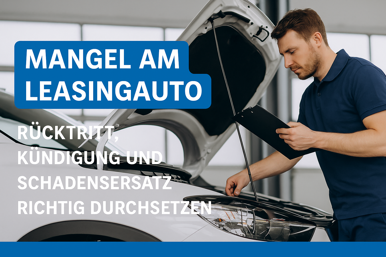 Ein defektes Leasingfahrzeug steht in einer Werkstatt – viele Leasingnehmer fragen sich, welche Rechte sie bei einem Mangel am Leasingauto haben.