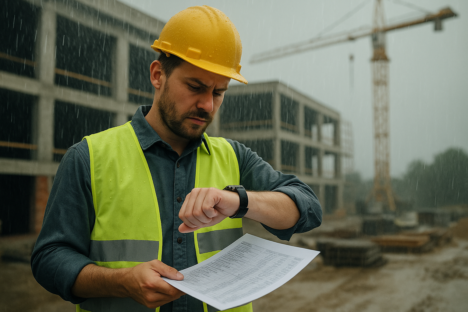 Bauunternehmer vor leerer Baustelle – Symbolbild für Bauverzögerung und die finanziellen Folgen durch fremdverschuldete Vorgewerksprobleme.