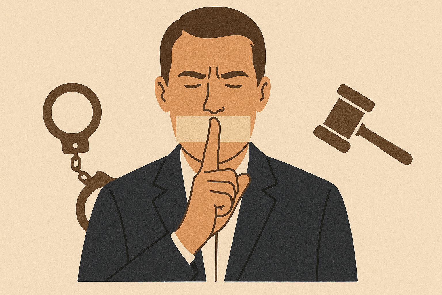 Mann mit Maske hält den Finger vor den Mund – Symbol für Schweigen im Strafverfahren