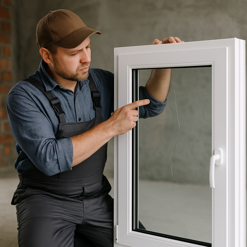 Handwerker auf Baustelle untersucht beschädigtes, noch nicht eingebautes Fenster mit Riss in der Scheibe – Symbolbild zur Mängelrüge und Rügeobliegenheit nach § 377 HGB im Baurecht.