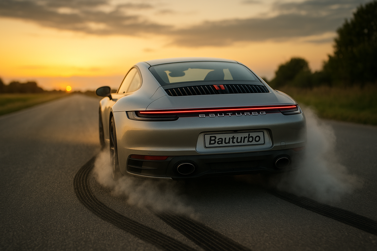 Porsche 911 mit Aufschrift „Bauturbo“ beschleunigt auf offener Straße – Symbolbild für den Bau-Turbo 2025 nach § 246e BauGB