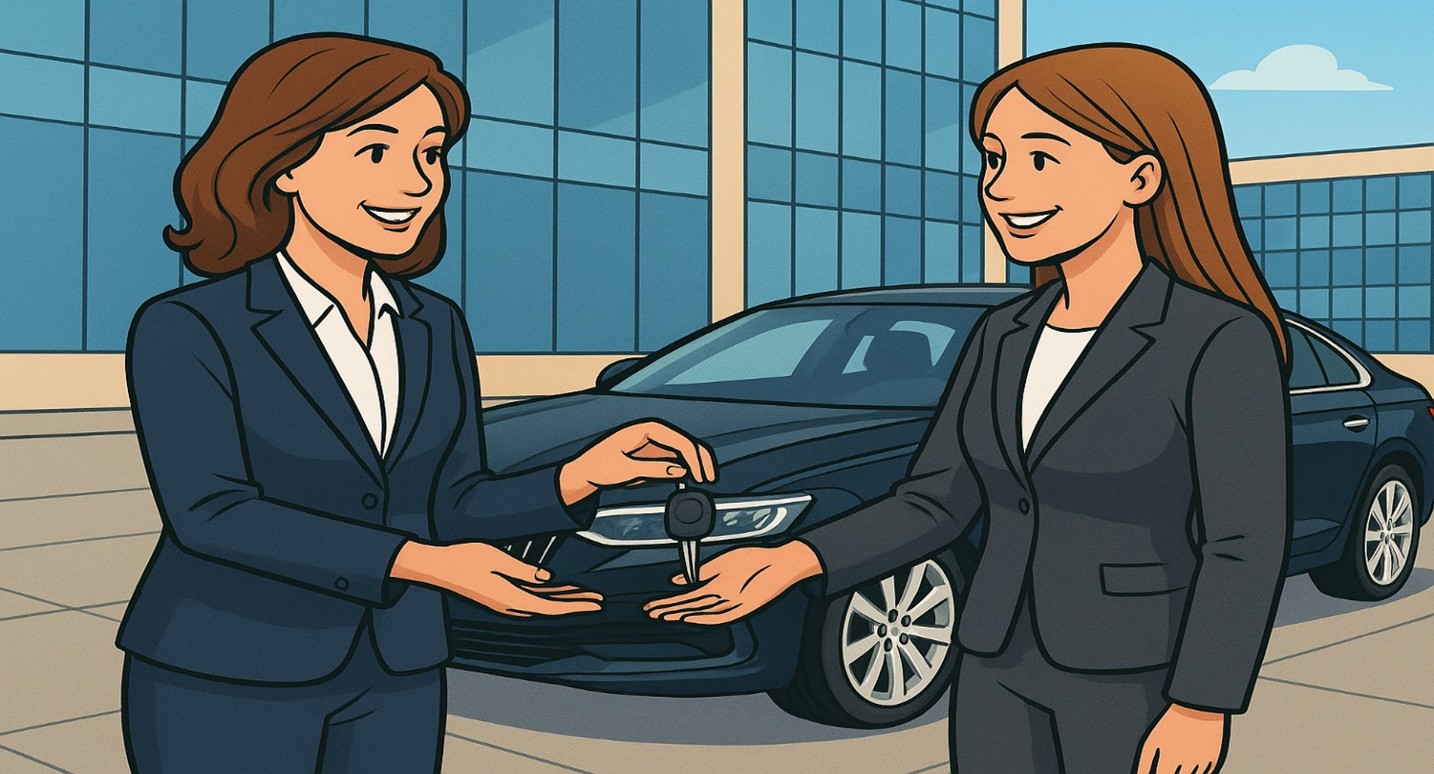 Arbeitgeber übergibt Arbeitnehmerin symbolisch den Schlüssel für einen Dienstwagen – Rechtssichere Dienstwagenregelung 2025