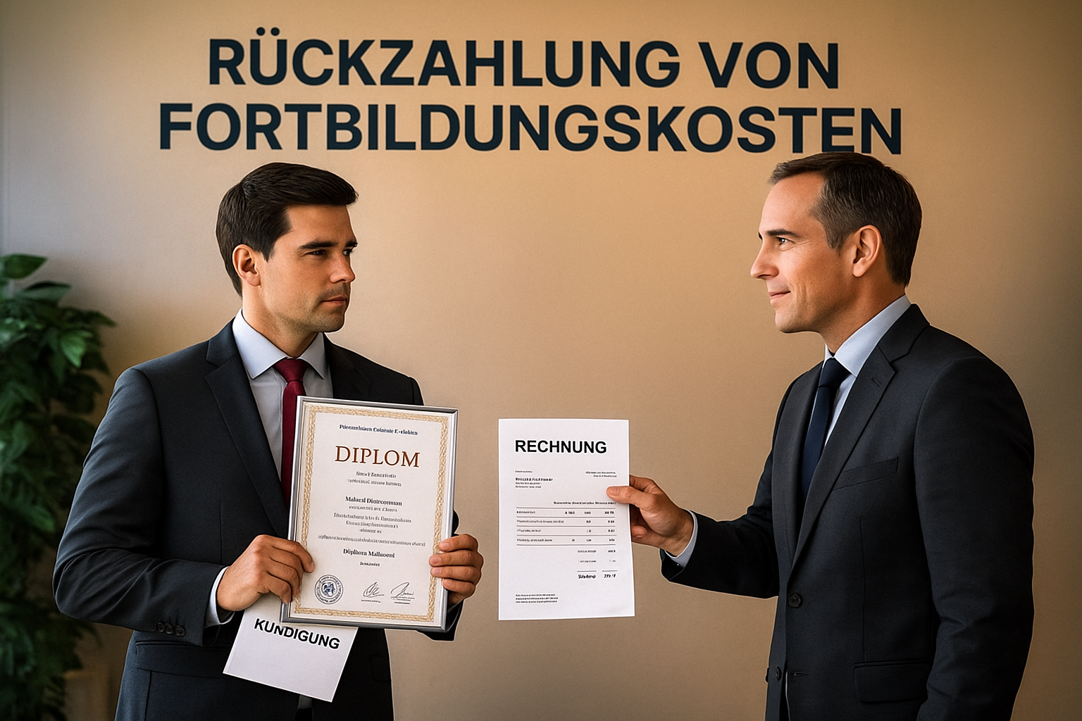 Zwei Männer im Business-Outfit stehen vor einer Wand mit der Aufschrift „Rückzahlung von Fortbildungskosten“. Der eine hält ein Diplom und eine Kündigung, der andere überreicht eine Rechnung – symbolisch für die Rückforderung von Weiterbildungskosten nach einer Kündigung im Arbeitsverhältnis.