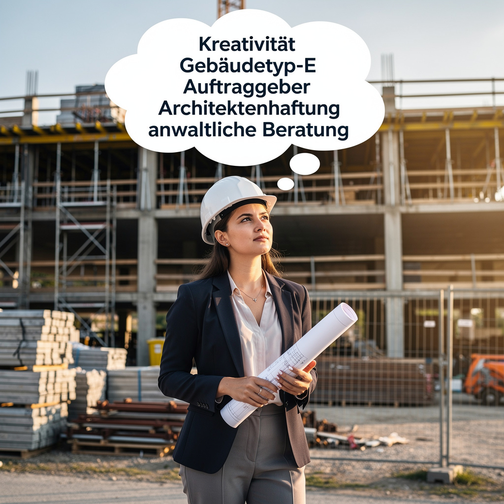 Architektin auf der Baustelle mit Gedankenblase zu Kreativität, Gebäudetyp-E, Auftraggeber, Architektenhaftung und anwaltlicher Beratung