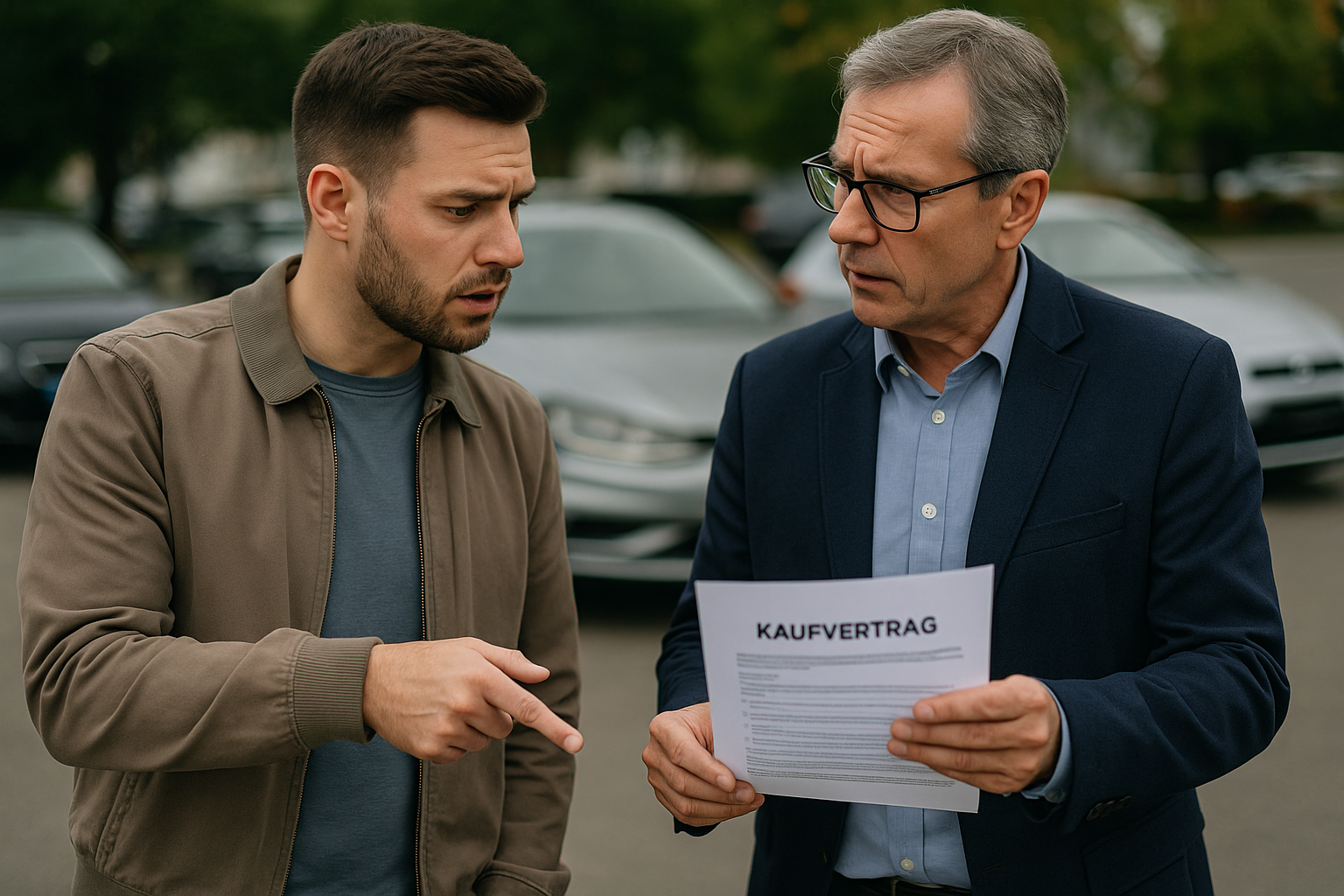 Zwei Männer stehen beim Gebrauchtwagenkauf und besprechen den Kaufvertrag mit Fokus auf Gewährleistung und Rechte beim Mängelhaftung.