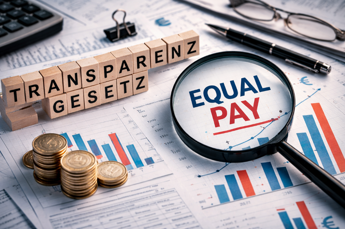 Equal Pay und Transparenzgesetz – Lupe auf Diagrammen mit der Aufschrift „Equal Pay“, daneben Holzwürfel mit „Transparenzgesetz“ und Münzstapel