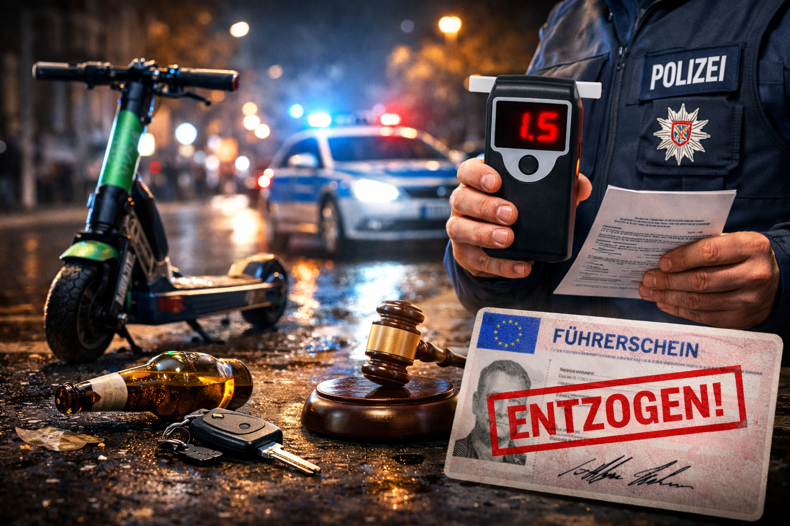 Polizeikontrolle nach Alkoholfahrt mit E-Scooter, Atemalkoholtest und Führerscheinentzug
