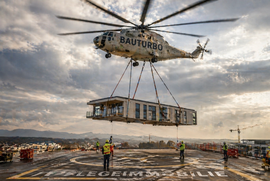 Helikopter mit Aufschrift Bauturbo trägt ein Gebäude über einen Landeplatz Pflegeimmobilie
