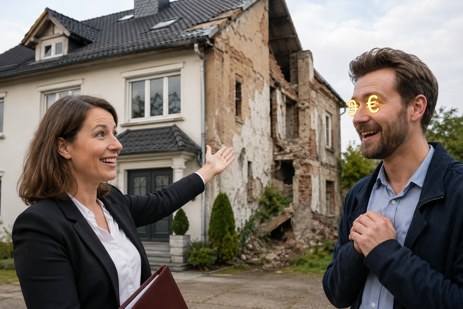 Arglist beim Immobilienkauf mit Verkäuferin, Käufer und sichtbaren Mängeln am Haus