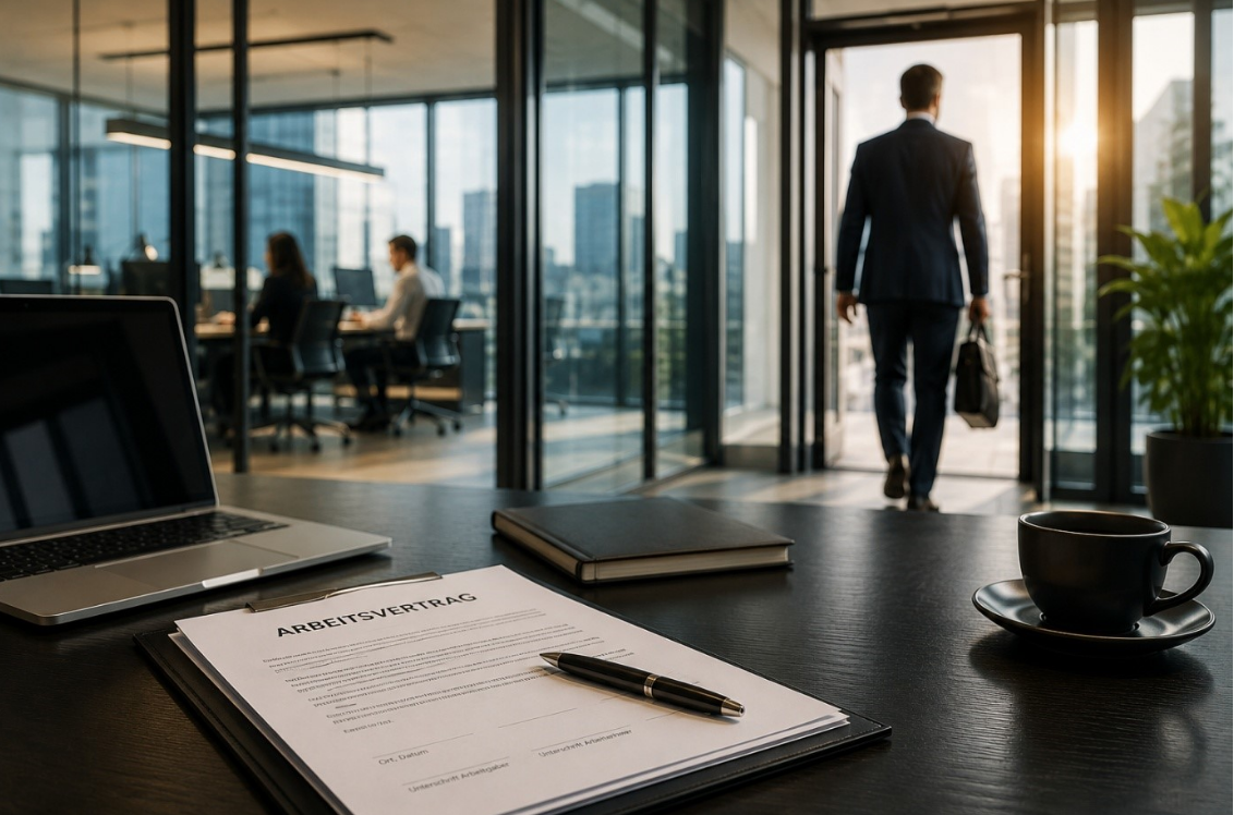 Geschäftsperson verlässt ein modernes Büro, während ein Arbeitsvertrag auf einem Konferenztisch liegt. Das Bild symbolisiert die Treuepflicht des Arbeitnehmers, den Arbeitgeberwechsel und das Wettbewerbsverbot im Arbeitsrecht.