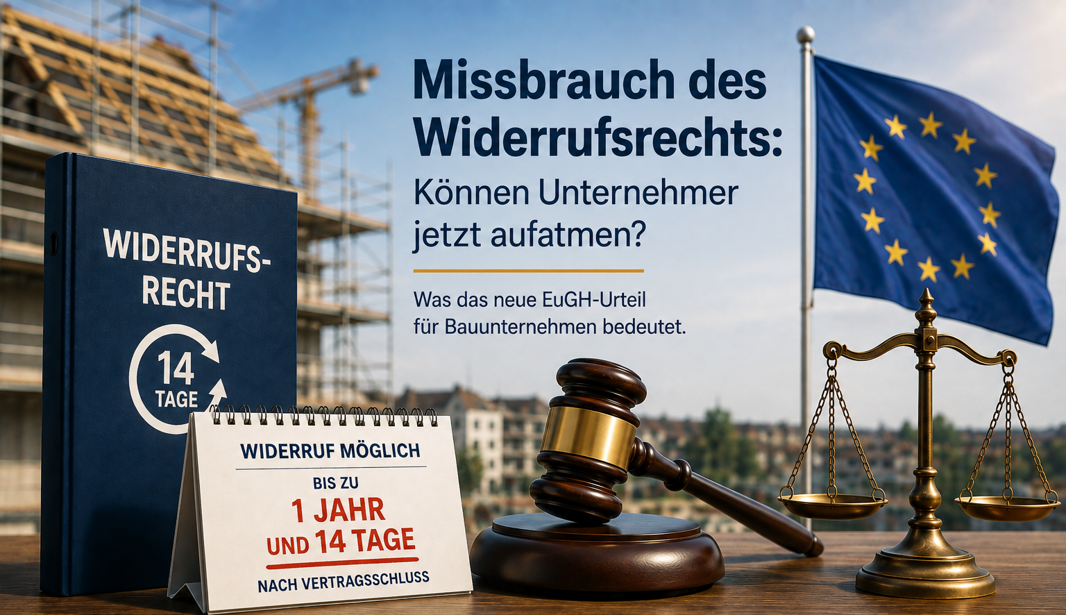 Beitragsbild zum EuGH-Urteil über den Missbrauch des Widerrufsrechts mit EU-Flagge, Richterhammer, Waage und Hinweis auf die verlängerte Widerrufsfrist von 1 Jahr und 14 Tagen