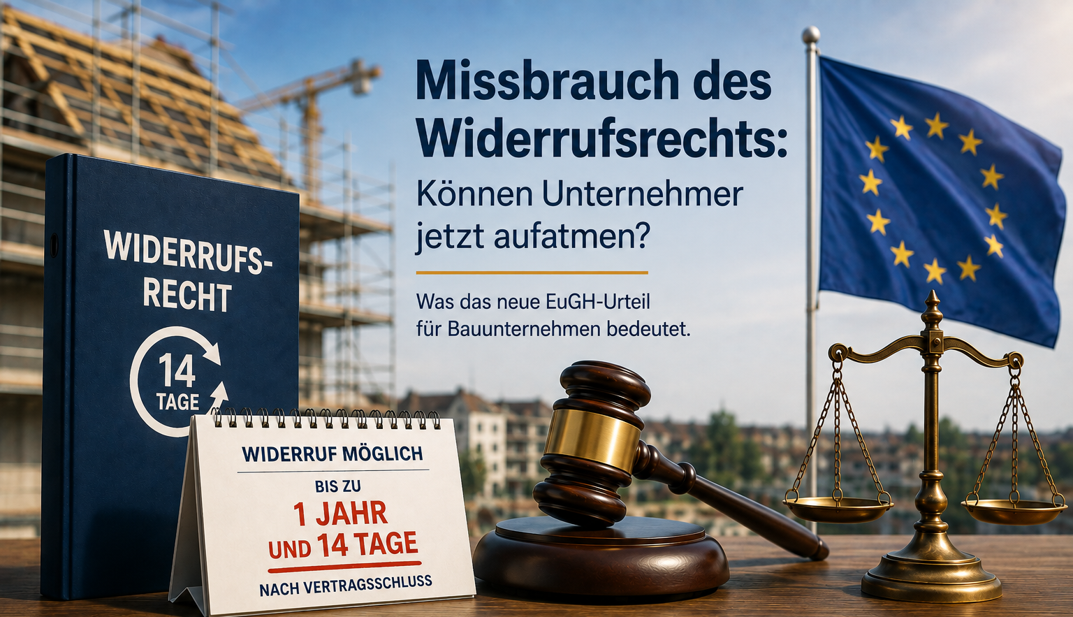 Beitragsbild zum EuGH-Urteil über den Missbrauch des Widerrufsrechts mit EU-Flagge, Richterhammer, Waage und Hinweis auf die verlängerte Widerrufsfrist von 1 Jahr und 14 Tagen.