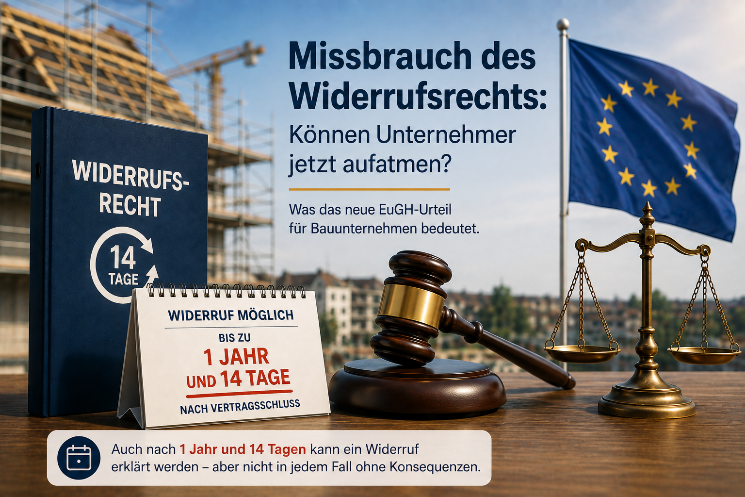 Beitragsbild zum EuGH-Urteil über den Missbrauch des Widerrufsrechts mit EU-Flagge, Richterhammer, Waage und Hinweis auf die verlängerte Widerrufsfrist von 1 Jahr und 14 Tagen.