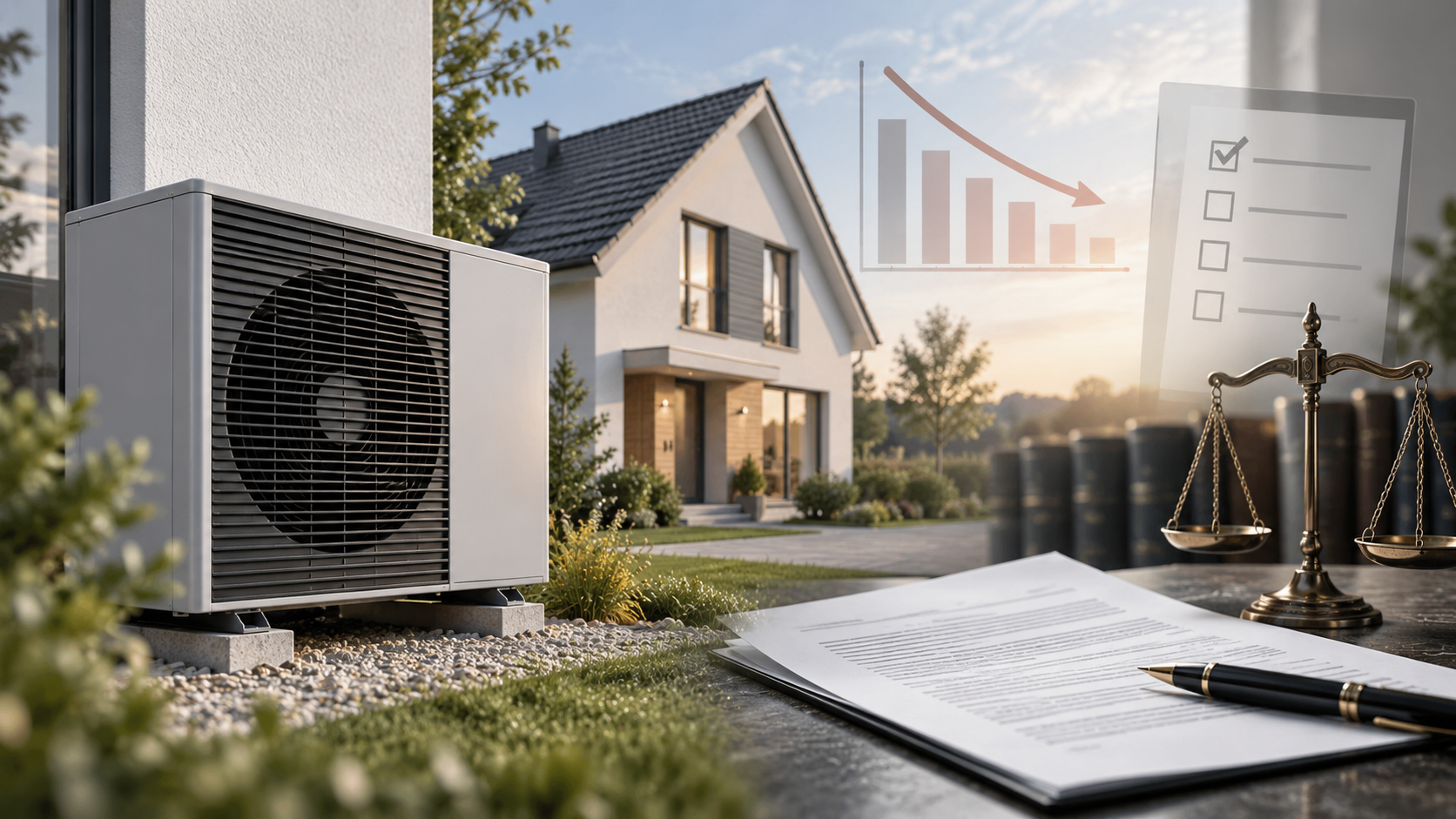 Wärmepumpe vor einem Wohnhaus mit Vertragsunterlagen und Waage als Symbol für Mängelrechte und Effizienzprobleme