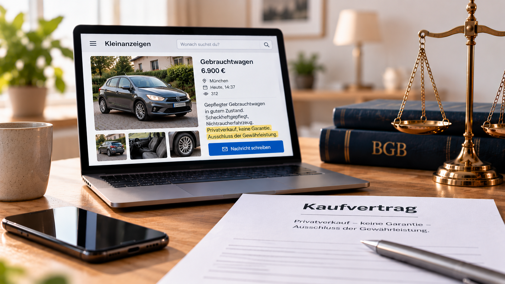 Laptop mit privater Gebrauchtwagenanzeige und Gewährleistungsausschluss neben Kaufvertrag, Gesetzbüchern und Justizwaage.