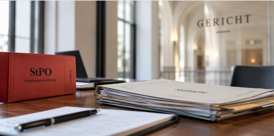 Rotes Gesetzbuch zur Strafprozessordnung (StPO), gestapelte Strafakten und Schreibunterlagen auf einem Schreibtisch vor einem Gerichtssaal.